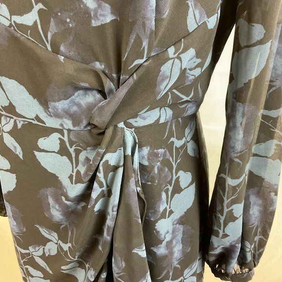 Hutch Dress 6 Blue Black Leaf Print Long Semi-Sheer Sleeve Drape Detail - Picture 6 of 13